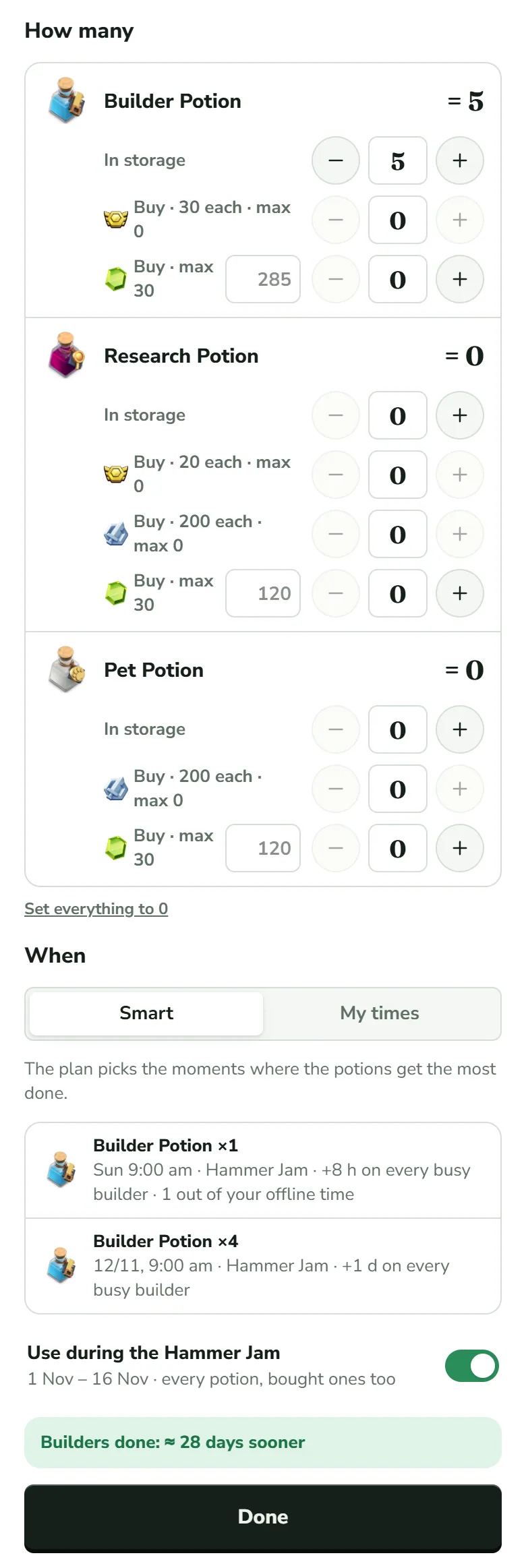 The Magic items sheet: Builder Potion with 5 in storage and Buy rows for league medals and gems, then Research Potion and Pet Potion at 0. Under When, Smart is selected, two rows in the Hammer Jam, Builder Potion times 1 on Sunday and times 4 on 12 November, the switch Use during the Hammer Jam turned on, a green line saying the builders are done about 28 days sooner, and a Done button.