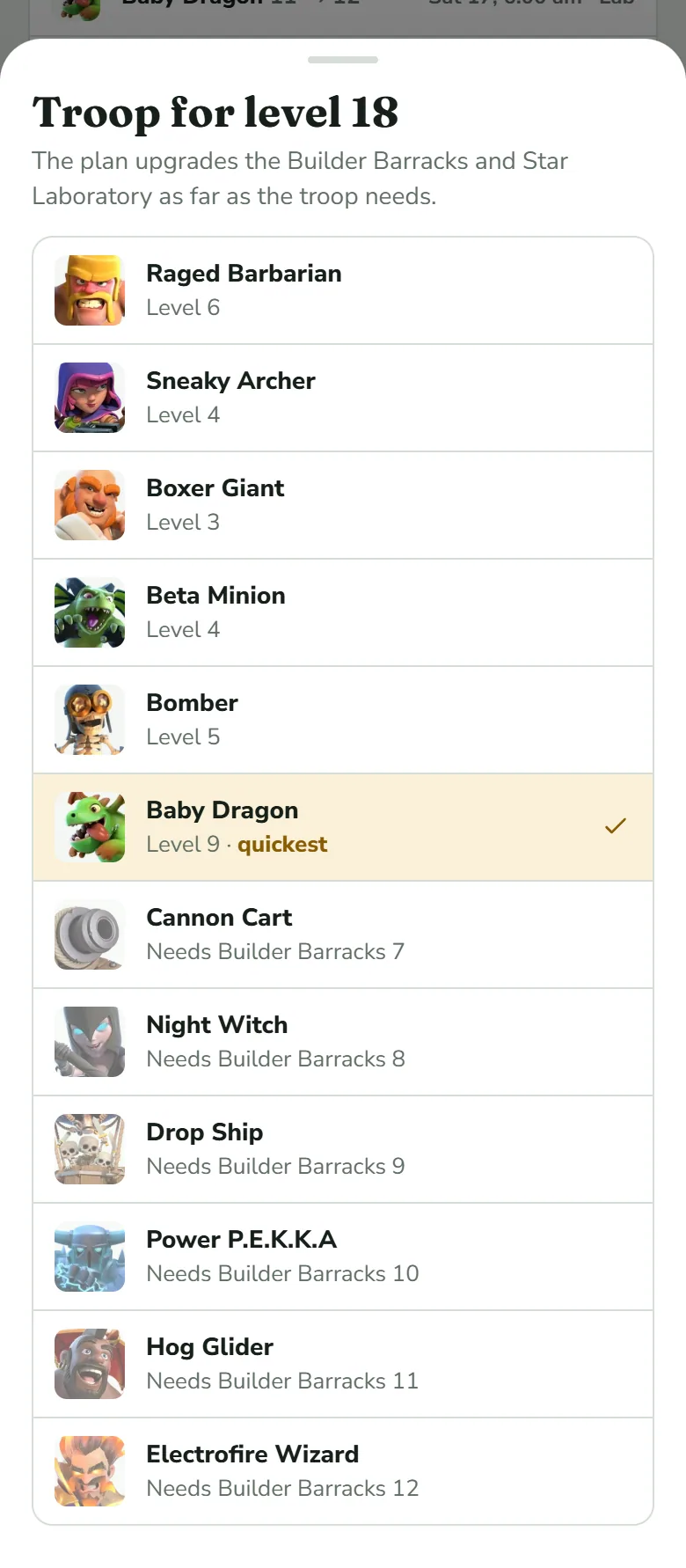 The sheet Troop for level 18. A line says the plan upgrades the Builder Barracks and Star Laboratory as far as the troop needs. Below are twelve troops: Raged Barbarian, Sneaky Archer, Boxer Giant, Beta Minion, Bomber and Baby Dragon with their levels, then six that read Needs Builder Barracks 7 to 12: Cannon Cart, Night Witch, Drop Ship, Power P.E.K.K.A, Hog Glider and Electrofire Wizard. Baby Dragon is ticked and marked quickest.