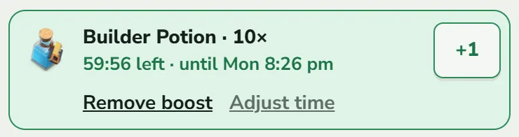 A green row under Home's headline for a running Builder Potion, 10×, with 59:56 left and the finish time, a +1 button on the right, and the links Remove boost and Adjust time underneath.