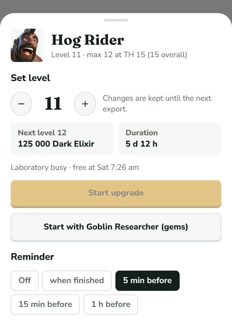 The sheet of the Hog Rider: Level 11, max 12 at TH 15 with 15 overall in brackets, Next level 12 for 125 000 Dark Elixir and Duration 5 d 12 h. Under the boxes the grey line Laboratory busy, free at Sat 7:26 am, then a greyed-out Start upgrade button and, under it, the button Start with Goblin Researcher (gems), followed by the Reminder choices.
