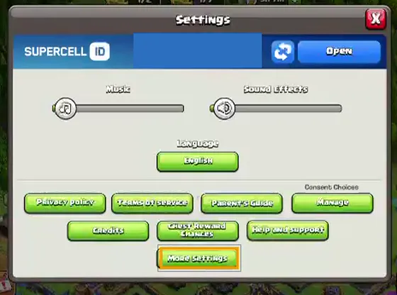 The game's Settings window with the More Settings button highlighted at the bottom, below the Credits, Chest Reward Chances and Help and support buttons.