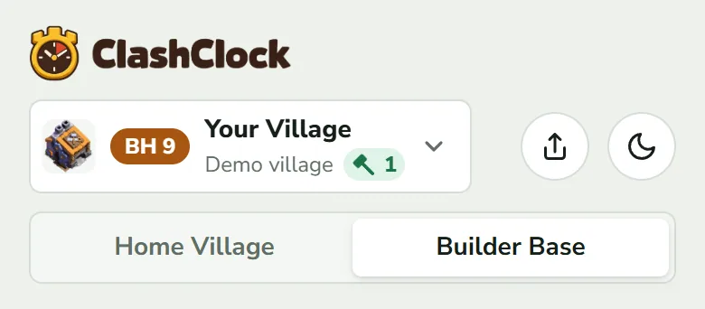 The ClashClock header. The village button shows BH 9, the name Your Village, the label Demo village and a hammer badge with 1. Share and dark mode buttons sit to its right, and below it the switch Home Village | Builder Base has Builder Base selected.