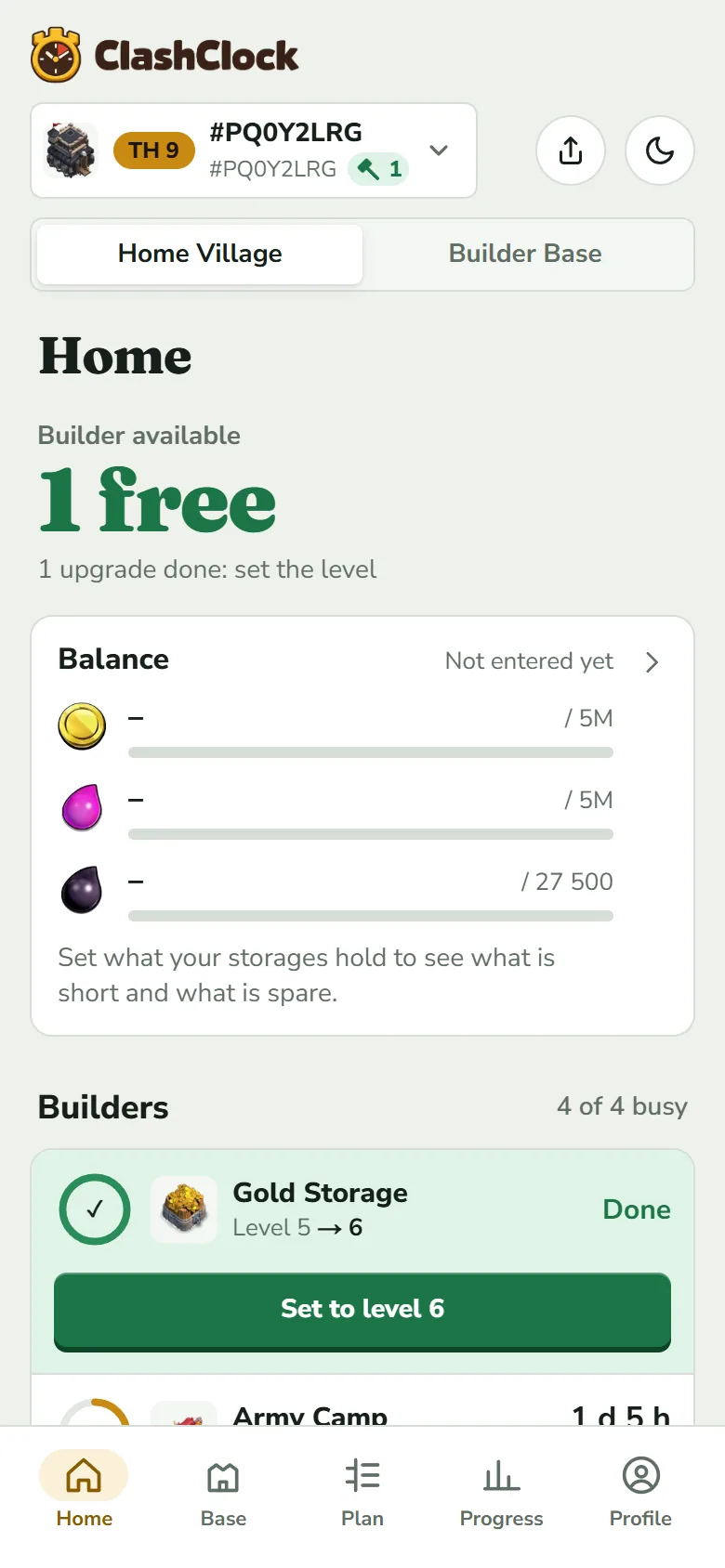 Home right after saving: the village button shows TH 9 and one free builder, the headline reads 1 free with one upgrade done, and the first builder row is a finished Gold Storage with a Set to level 6 button.