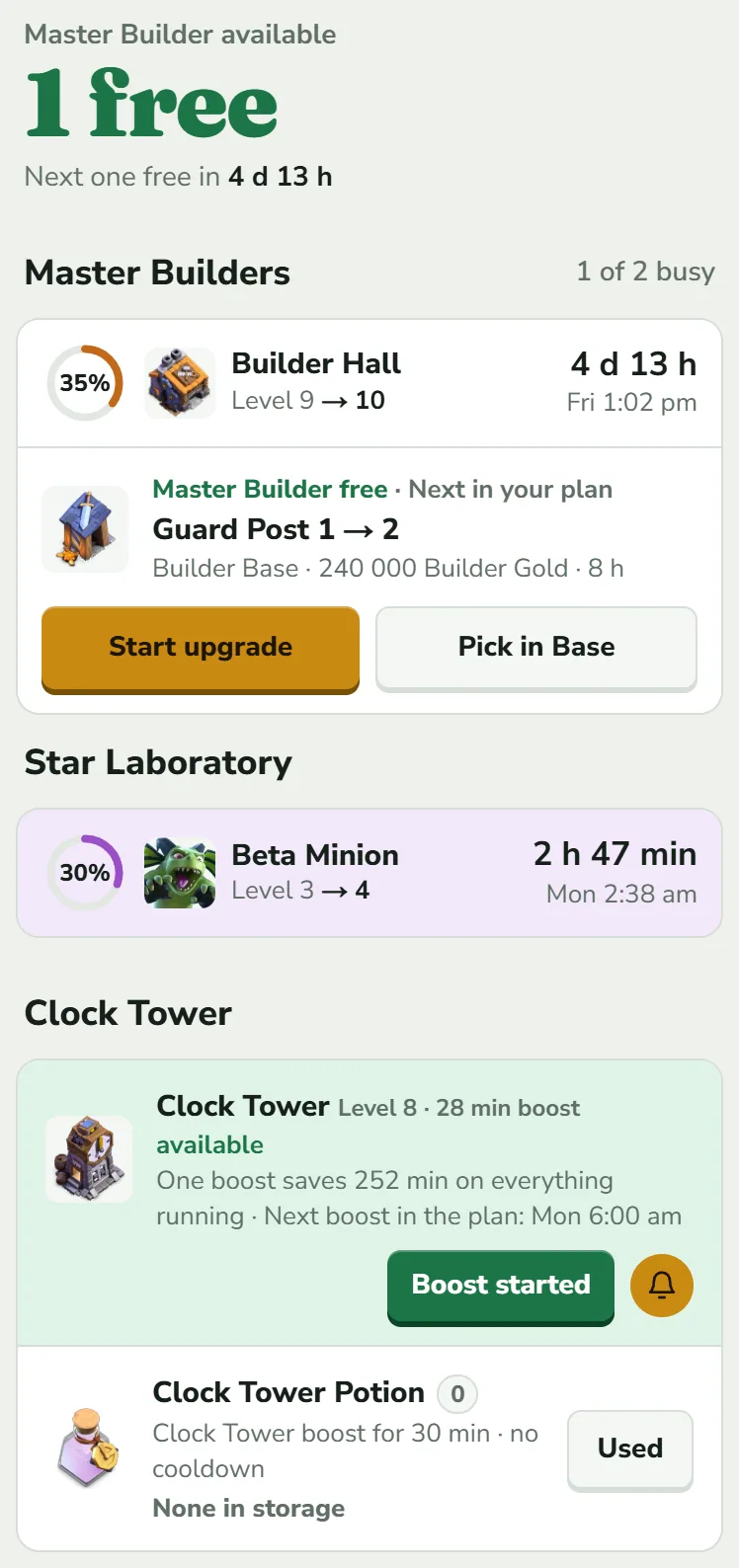 Home in the Builder Base: Master Builder available, 1 free. The Master Builders group holds a running Builder Hall upgrade and the plan's suggestion to start Guard Post 1 to 2. Below are the Star Laboratory row with a Beta Minion upgrade, the Clock Tower card at level 8 with a Boost started button, and the Clock Tower Potion row.