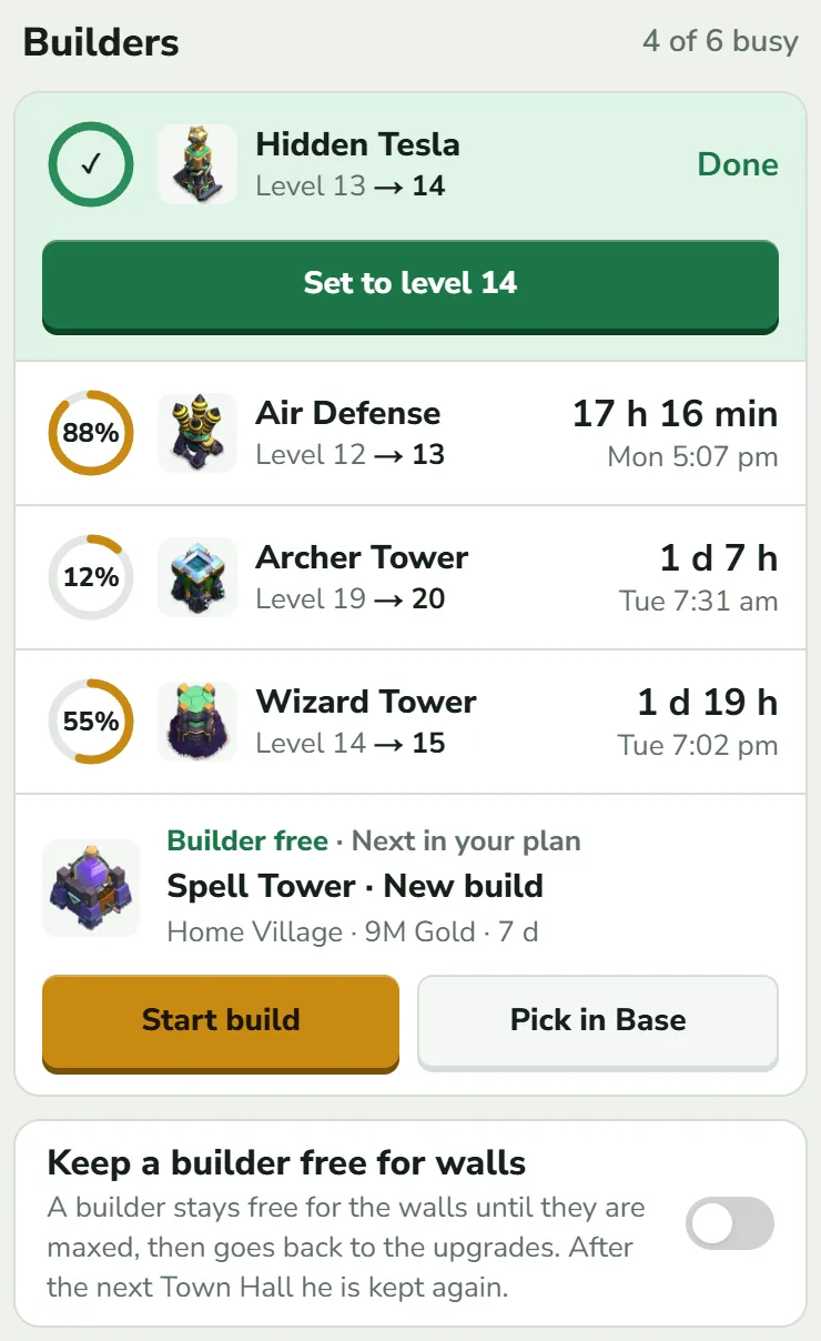 The Builders section: a green finished Hidden Tesla row with a Set to level 14 button, three running rows for Air Defense, Archer Tower and Wizard Tower with progress rings, countdowns and finish times, the plan's suggestion for a free builder, and the Keep a builder free for walls switch.