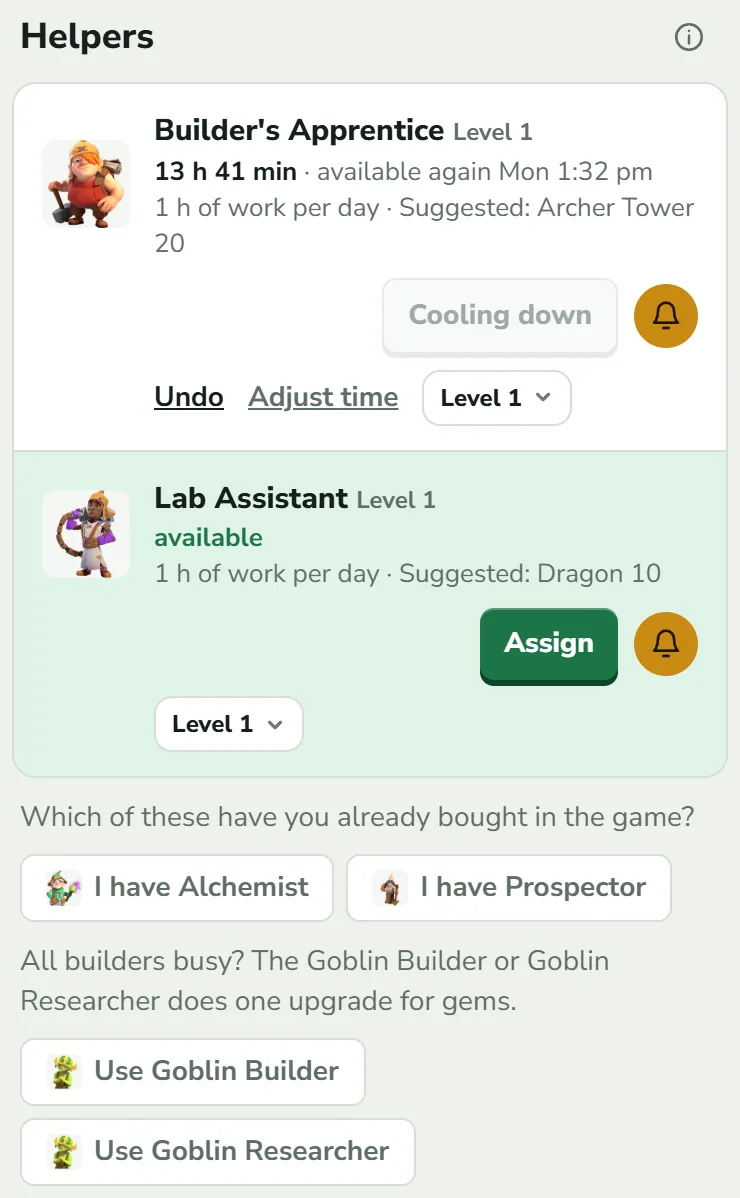 The Helpers section: the Builder's Apprentice cooling down with 13 h 41 min left and the links Undo and Adjust time, and the Lab Assistant available with an Assign button.