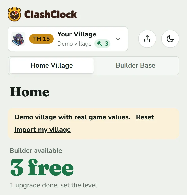 The top of Home in the demo village: the village button with TH 15 and a hammer badge of 3, the Home Village and Builder Base switch, the title Home, a banner about the demo village, and the headline Builder available, 3 free, with the line 1 upgrade done: set the level.