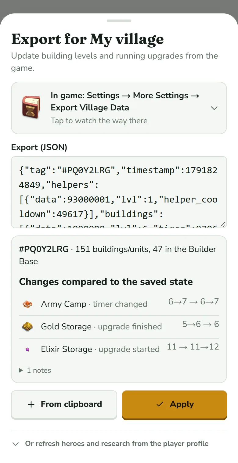 The Export for My village sheet after Check: the result line with the tag and 151 buildings/units, then Changes compared to the saved state with three rows (Army Camp, timer changed, 6→7 → 6→7; Gold Storage, upgrade finished, 5→6 → 6; Elixir Storage, upgrade started, 11 → 11→12), a 1 notes line, and the buttons From clipboard and Apply.