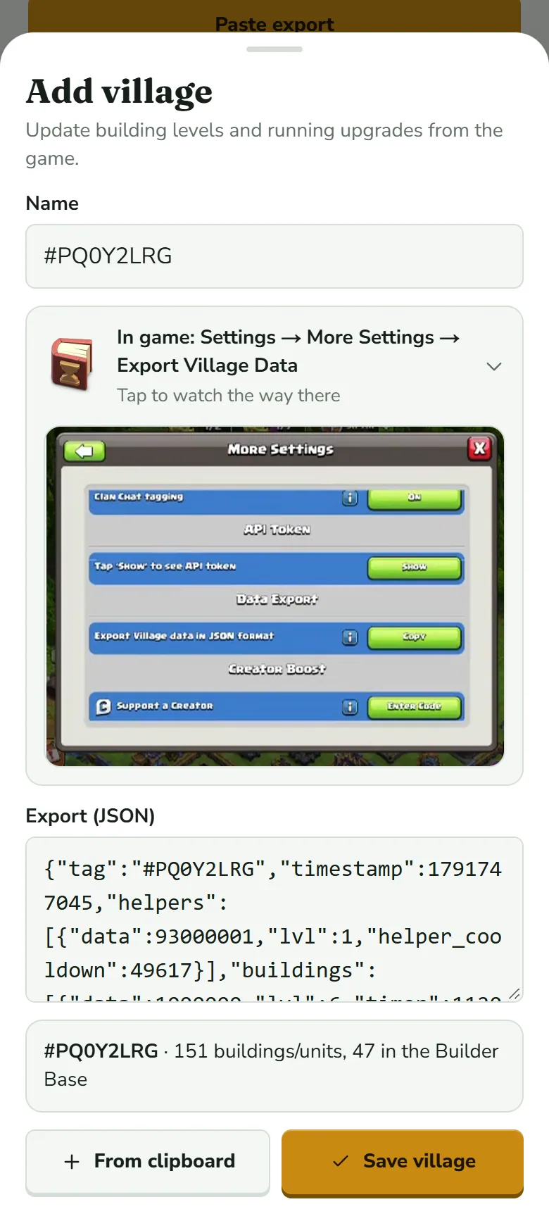 The same sheet after Check: the Name field holds the tag #PQ0Y2LRG, a result line reads 151 buildings/units, 47 in the Builder Base, and the right button now says Save village.