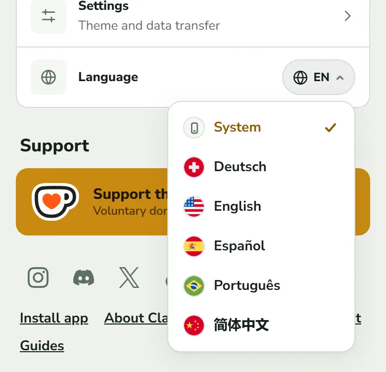 The Language row on the Profile tab with its menu open: System with a tick and a device icon, then Deutsch, English, Español, Português and 简体中文, each with a flag, above the Support button and the page links.