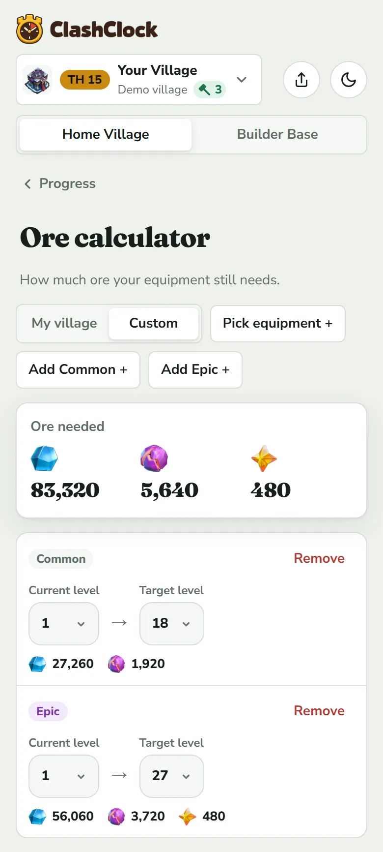 The Ore calculator on Custom: a Common row from level 1 to 18 costing 27,260 Shiny Ore and 1,920 Glowy Ore, and an Epic row from level 1 to 27 costing 56,060 Shiny, 3,720 Glowy and 480 Starry Ore. The Ore needed card above them totals 83,320, 5,640 and 480.
