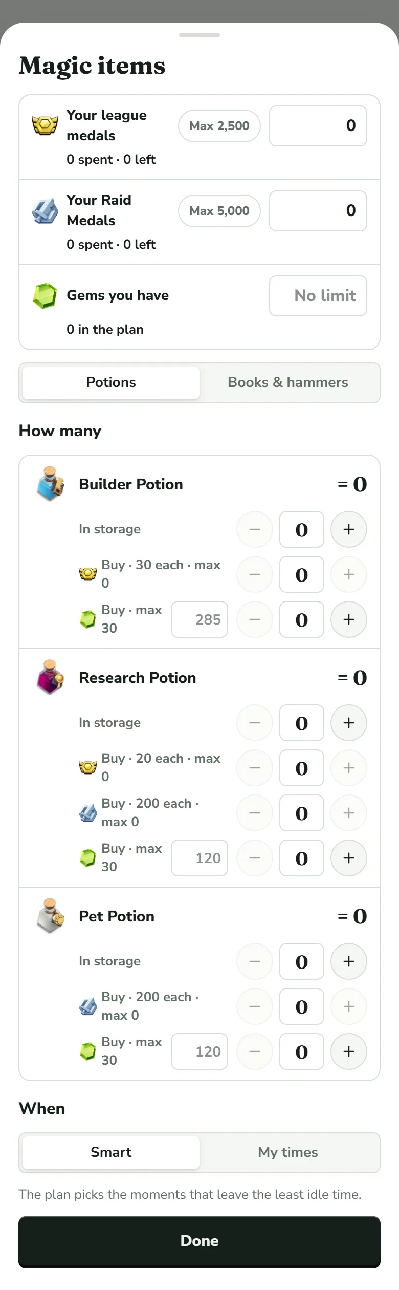 The “Magic items” sheet: purses for league medals (Max 2,500), Raid Medals (Max 5,000) and gems, the tabs “Potions” and “Books & hammers”, a “How many” row per potion with “In storage” and “Buy” lines, and “When” with “Smart” and “My times” above a Done button.