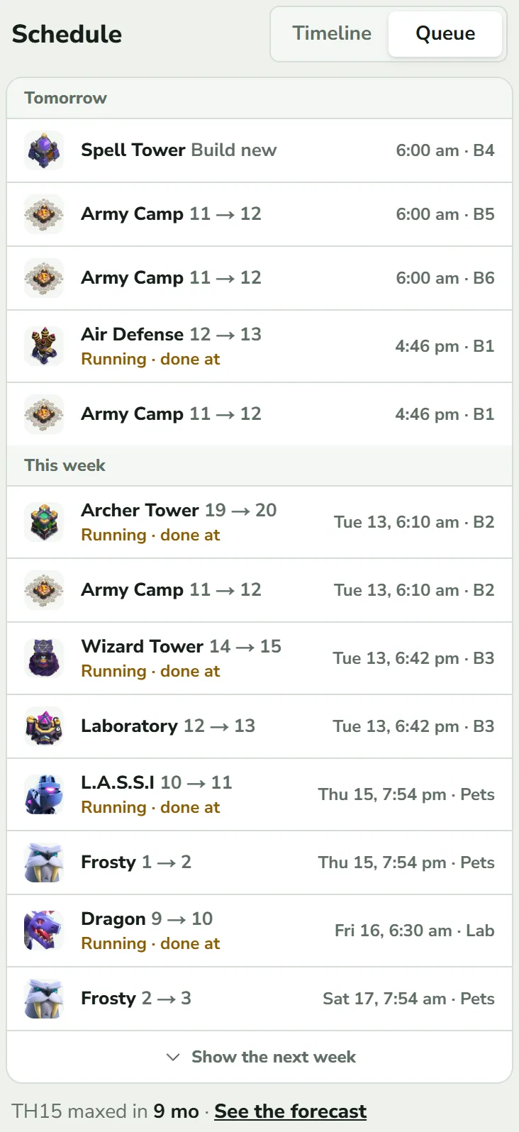 The Schedule as a queue. Under “Tomorrow” and “This week” are rows such as “Spell Tower Build new 6:00 am · B4”, “Air Defense 12 → 13 Running · done at 4:46 pm · B1” and “Dragon 9 → 10 … Lab”, followed by “Show the next week” and “TH15 maxed in 9 mo · See the forecast”.