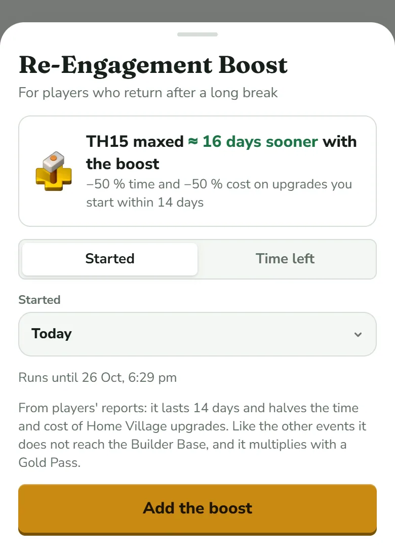 The Re-Engagement Boost sheet: a card saying how many days sooner the Town Hall is maxed with the boost, a switch between Started and Time left with Started chosen, the day Today in a menu, a Runs until line, a note that the boost halves the time and cost of Home Village upgrades, and the gold button Add the boost.