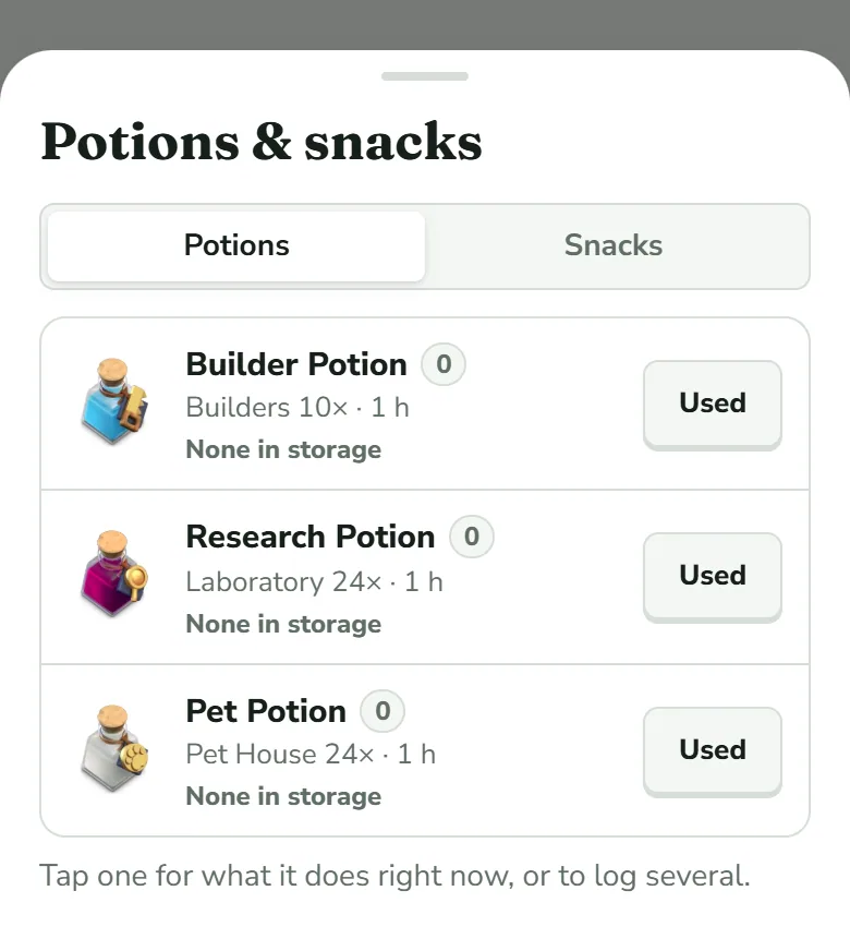 The Potions & snacks sheet with the tabs Potions and Snacks: Builder Potion (Builders 10× · 1 h), Research Potion (Laboratory 24× · 1 h) and Pet Potion (Pet House 24× · 1 h), each with a count of 0, None in storage and a Used button.