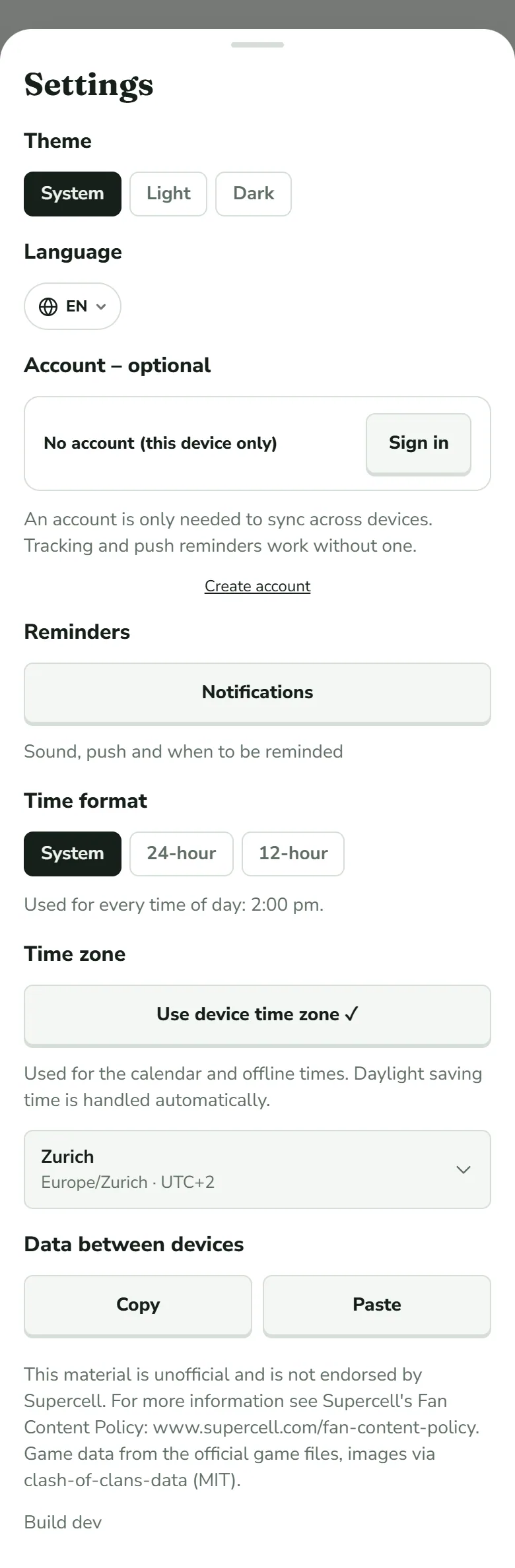 The Settings sheet from the top: Theme with System, Light and Dark, the Language menu, Account optional with No account (this device only) and a Sign in button, a Notifications button under Reminders, Time format with System, 24-hour and 12-hour, Time zone with Use device time zone ticked and Europe/Zurich, and Data between devices with Copy and Paste.