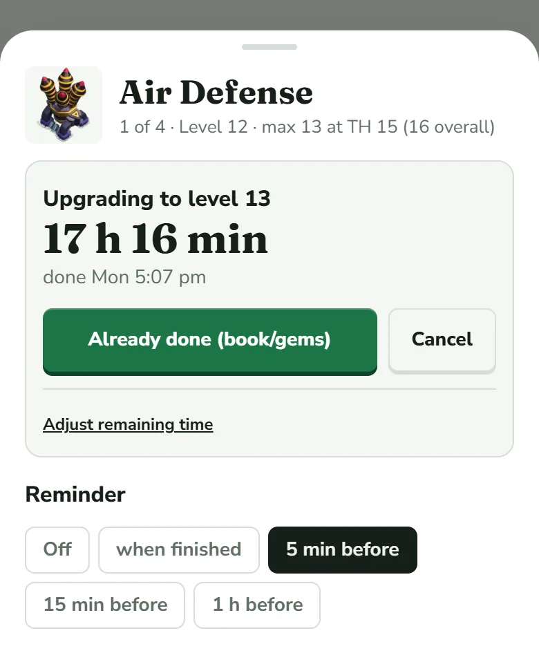 The sheet of a running upgrade, Air Defense, with 17 h 16 min left, the buttons Already done (book/gems) and Cancel, and the link Adjust remaining time below them.