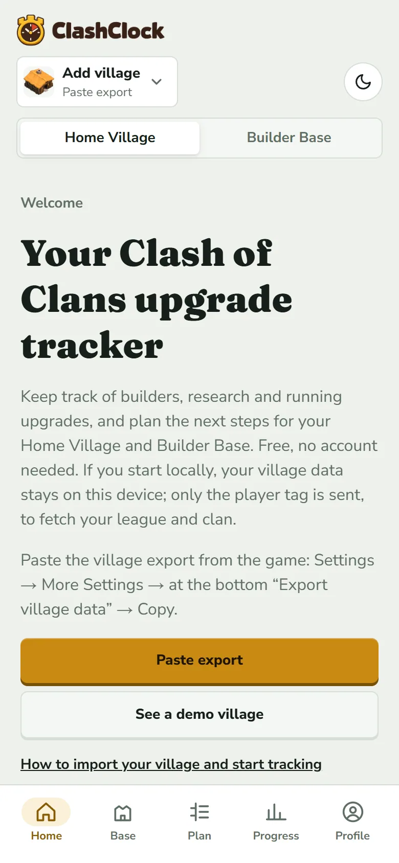 ClashClock's first screen with no village saved: the headline Your Clash of Clans upgrade tracker, a gold Paste export button and a See a demo village button above the tab bar.